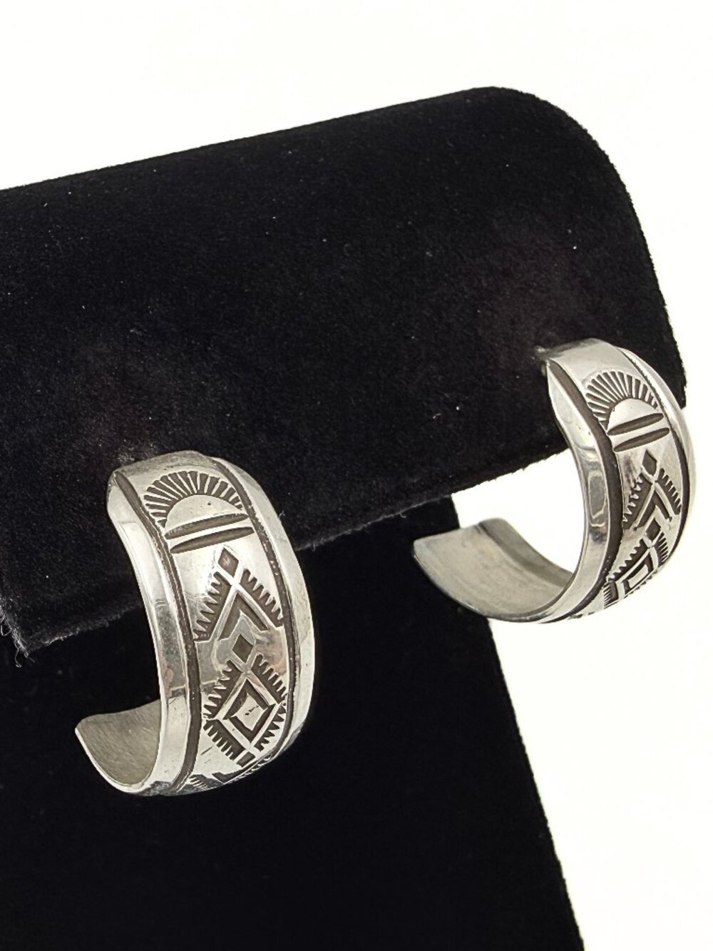 Evelyn Chavez Marked Sterling Silver Navajo Stamp Work Half Hoop Post Earrings